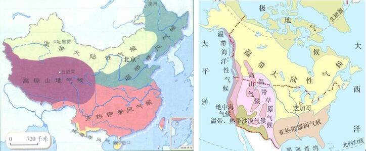 图为中国与美国气候带分布图图片来源:中国地理图册 世界地理图册图片